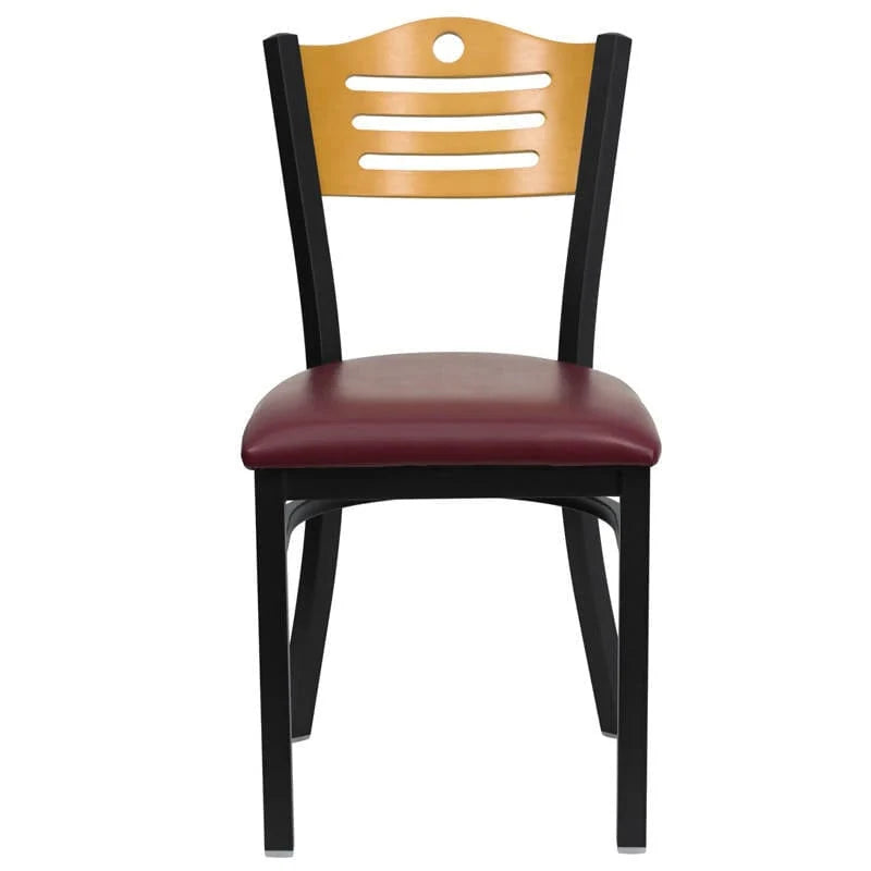 HERCULES Series Black Slat Back Metal Restaurant Chair - Natural Wood Back