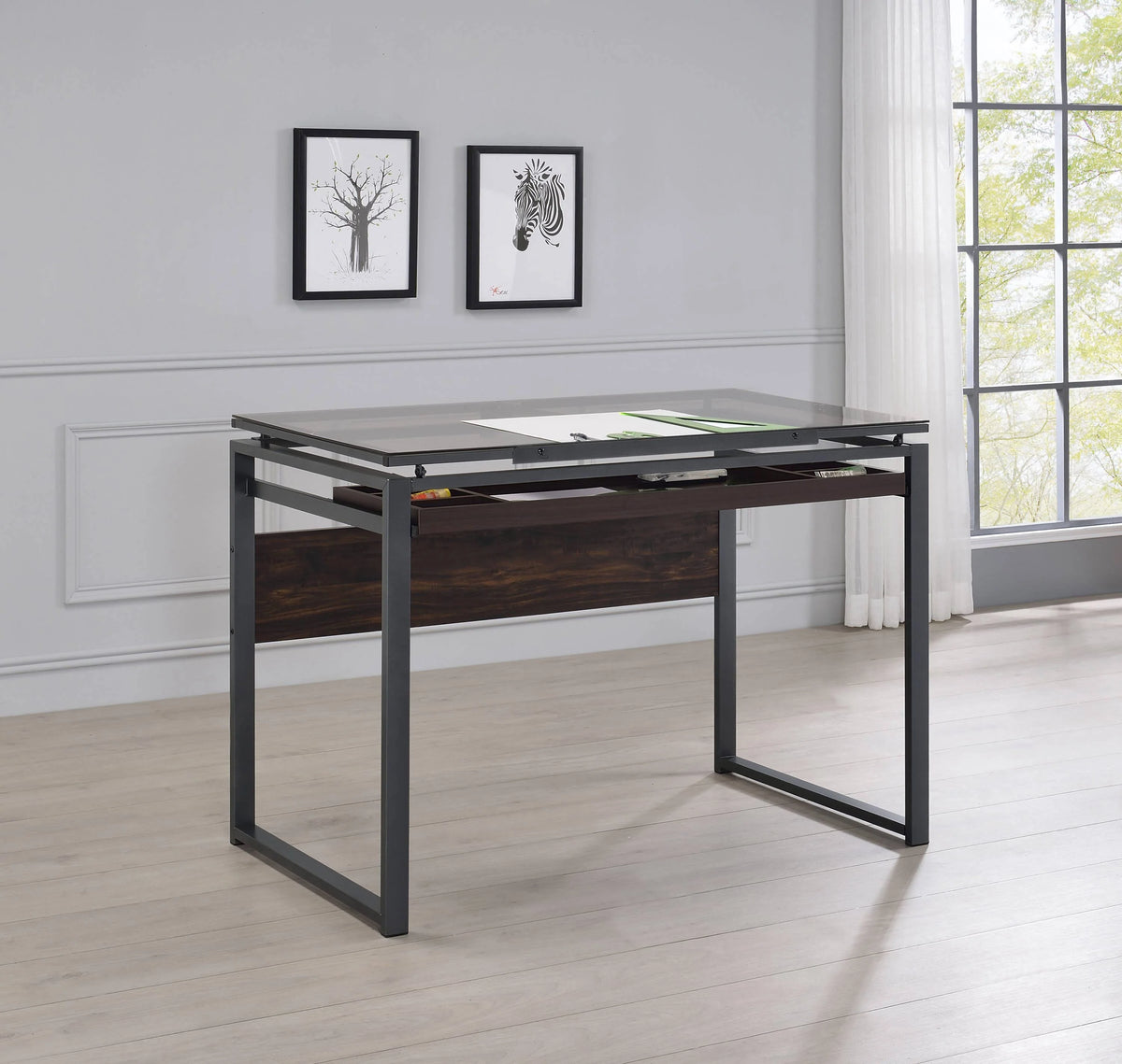Pantano Glass Top Drafting Desk Dark Gunmetal And Chestnut versatile placement in your office- 805571 coastmega
