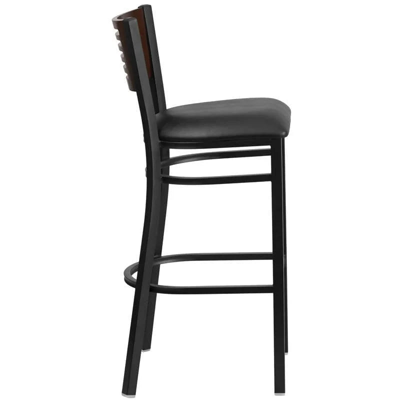 HERCULES Series Black Slat Back Metal Restaurant Barstool - Walnut Wood Back