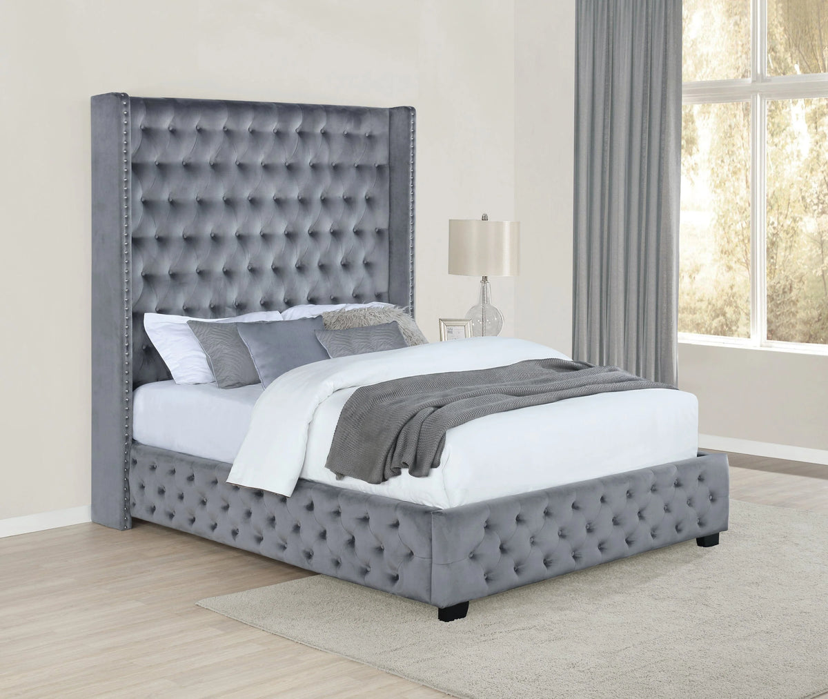 Rocori Queen Wingback Tufted Bed Grey - 306075Q A-Z Store Nadia