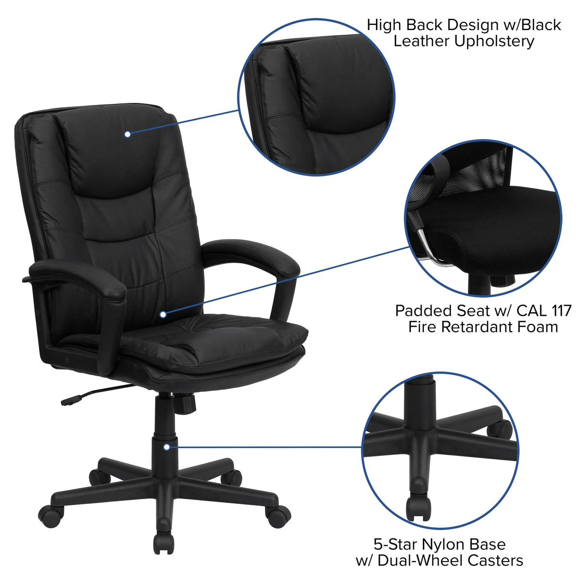 Mid-Back Black Leather Executive Swivel Office Chair with Rounded Back and Arms - BT-8075-BK-GG A-Z Store Nadia