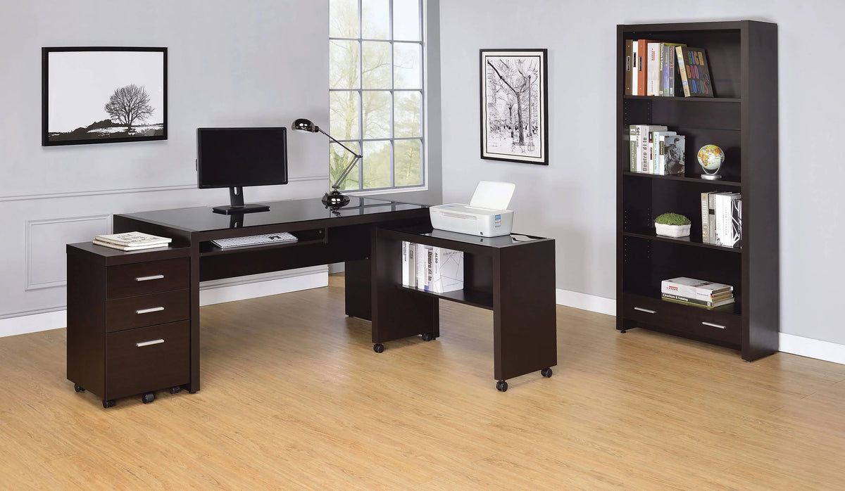 Skylar Computer Desk With Keyboard Drawer Cappuccino a stylish and comfortable workspace in a home or business office.- 800901 Pie's Variety Store