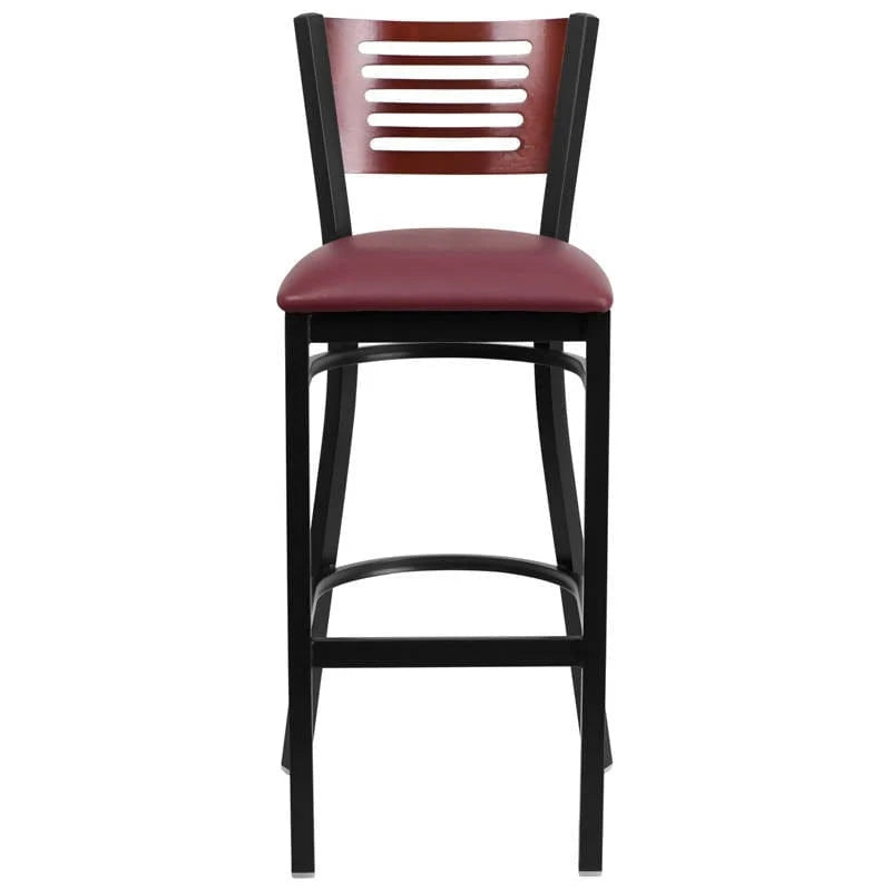 HERCULES Series Black Slat Back Metal Restaurant Barstool - Mahogany Wood Back