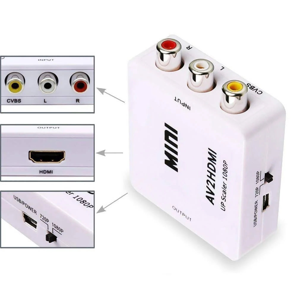 Mini AV to HDMI Video Converter Box AV2HDMI RCA AV HDMI CVBS to HDMI Adapter for HDTV TV PS3 PS4 PC DVD Xbox Projector - MNAVHDMIWHT Pie's Variety Store