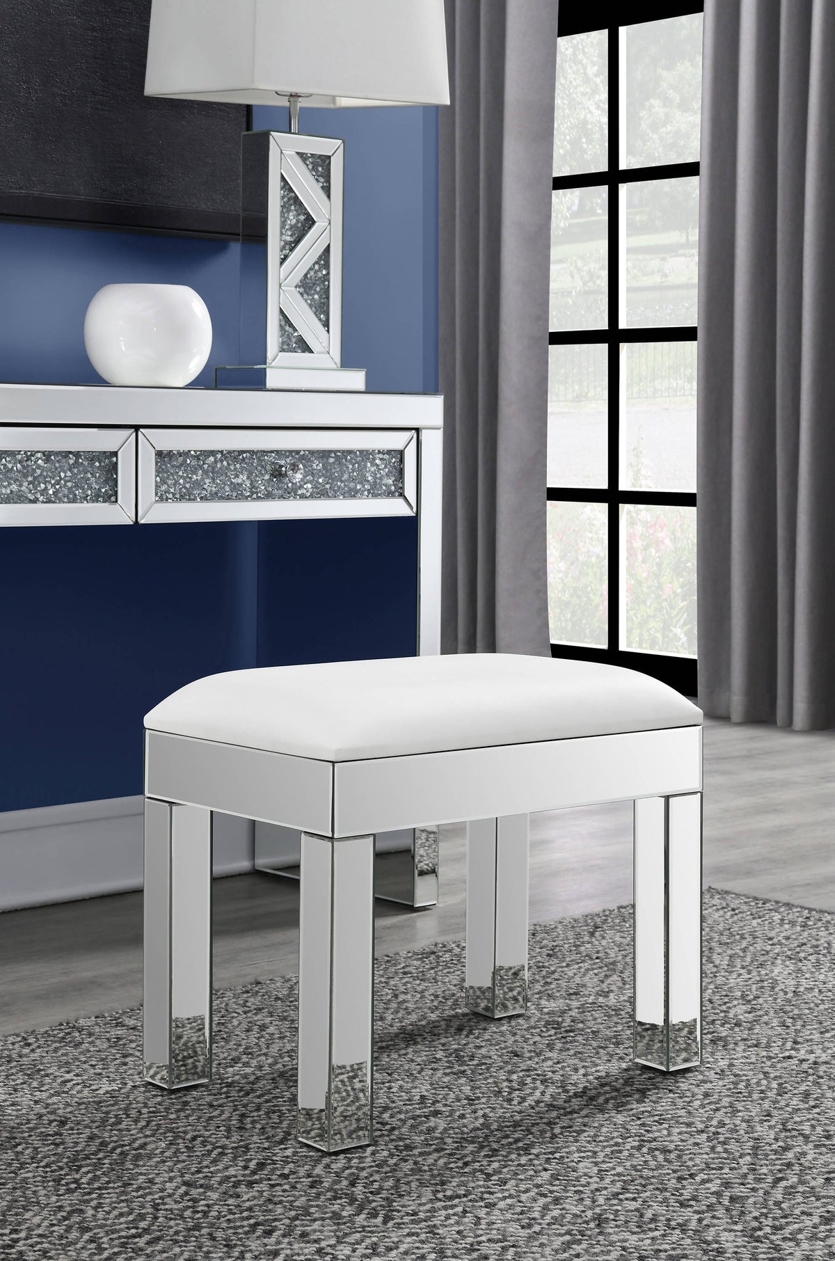 Rectangular Upholstered Vanity Stool White And Mirror - 919523 Pie's Variety Store