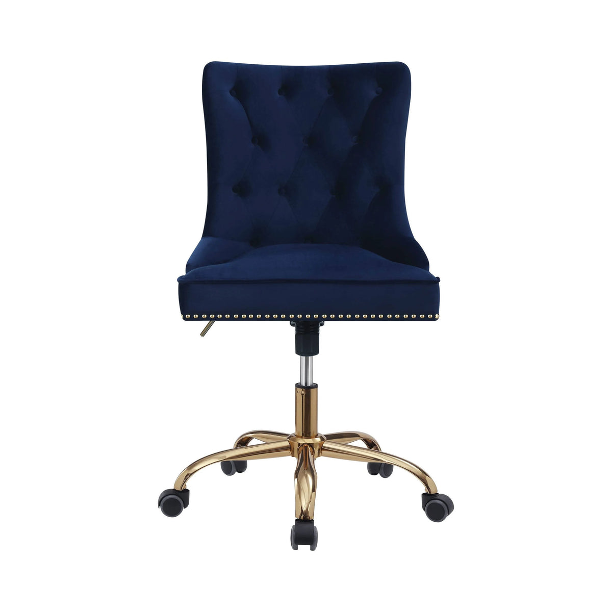 Upholstered Office Chair With Nailhead Blue And Brass this chair is complete with built-in casters and swivel functionality for versatile ease of movement 801984 Pie's Variety Store