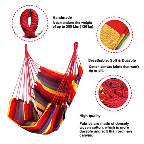 Max 300 Lbs Hanging Chair with Pocket- Quality Cotton Weave for Superior Comfort & Durability Perfect for Outdoor