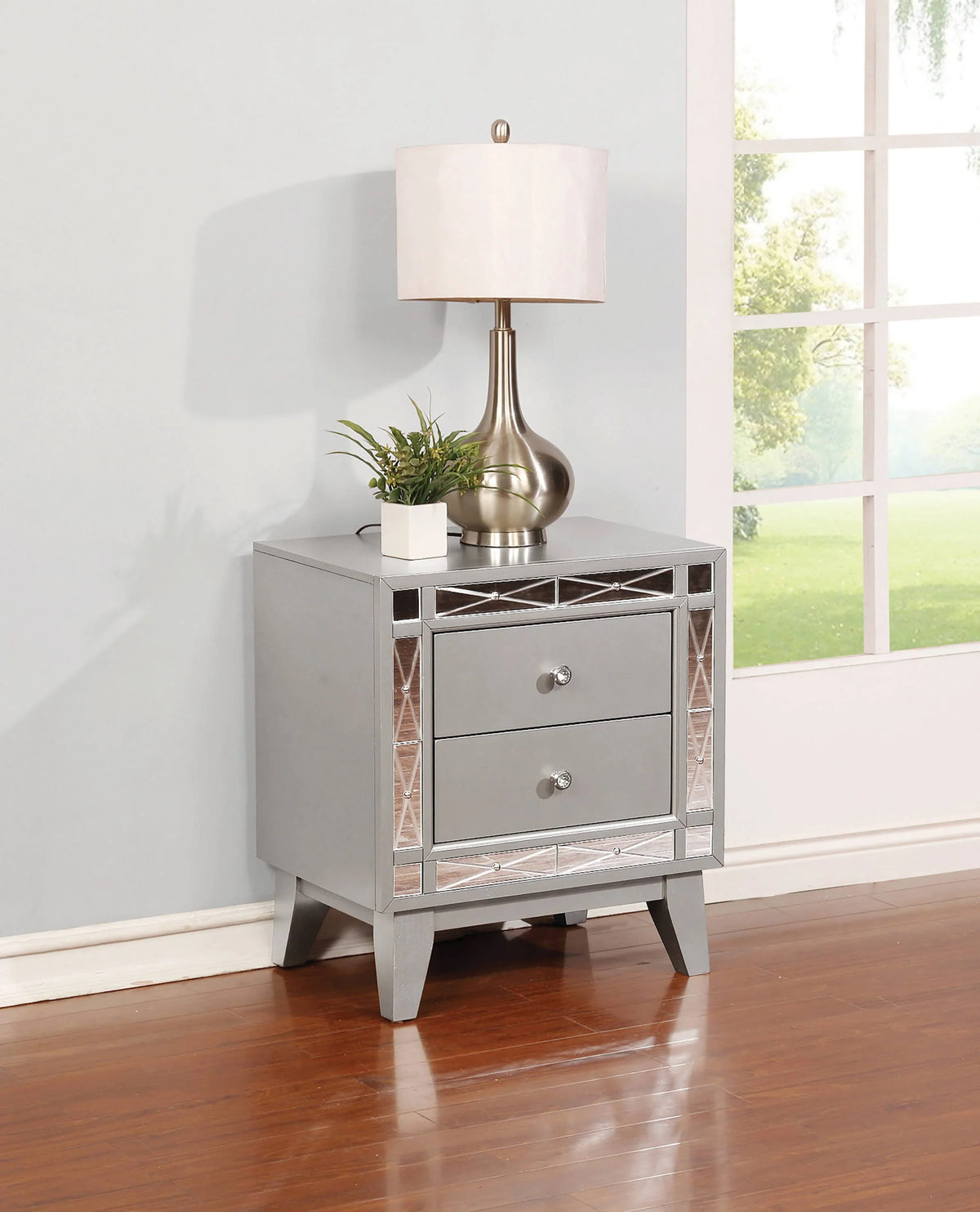 Leighton 2-Drawer Nightstand Metallic Mercury Collection: This 2-Drawer Nightstand Is Great For A Stylish Bedroom