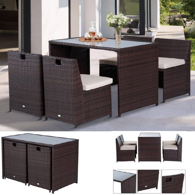 Outsunny 5 Piece Rattan Garden Outdoor Cushion Dinning Set Brown