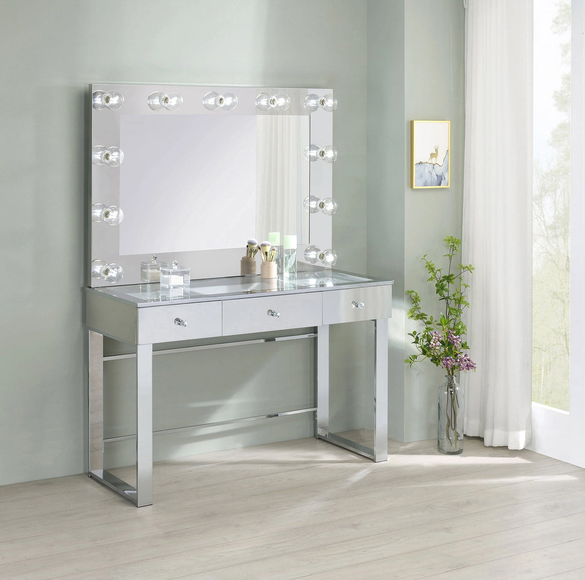 3-Drawer Vanity With Lighting Chrome And White with a Hollywood regency flair