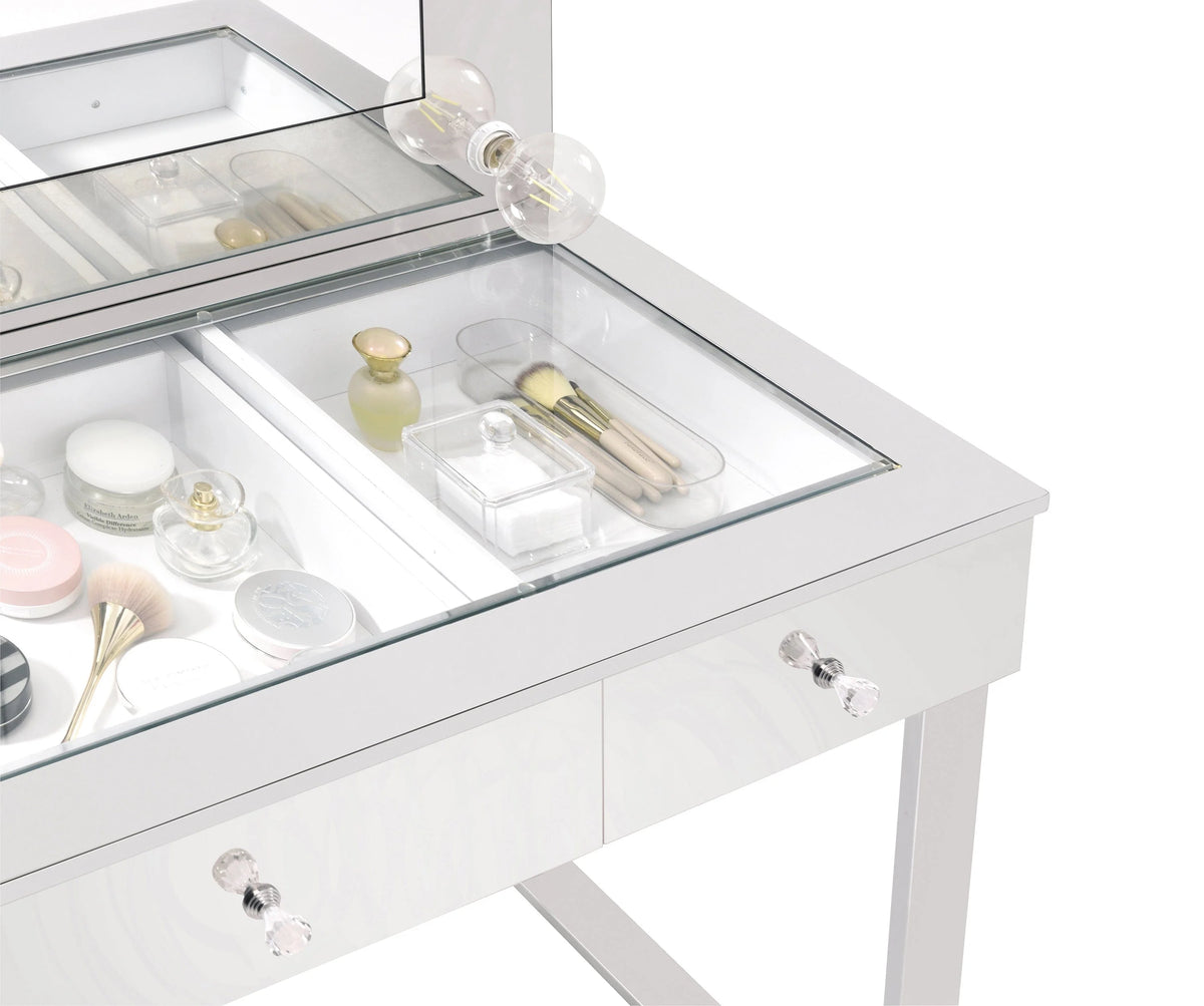 3-Drawer Vanity With Lighting Chrome And White with a Hollywood regency flair
