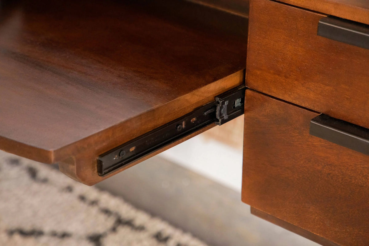 Portwall 4-Drawer Writing Desk Brown Mango And Matte Black An expansive tabletop brings plenty of room for a laptop and notebook - 991038 Pie's Variety Store