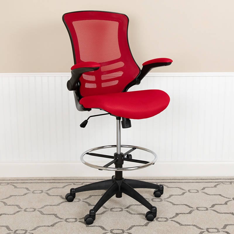 Mid-Back Mesh Ergonomic Drafting Chair with Adjustable Foot Ring and Flip-Up Arms - BL-X-5M-D-BLUE-GG / BL-X-5M-D-DKGY-GG / BL-X-5M-D-GG / BL-X-5M-D-RED-GG / BL-X-5M-D-WH-GG ADRIAN'S ELECTRONICS