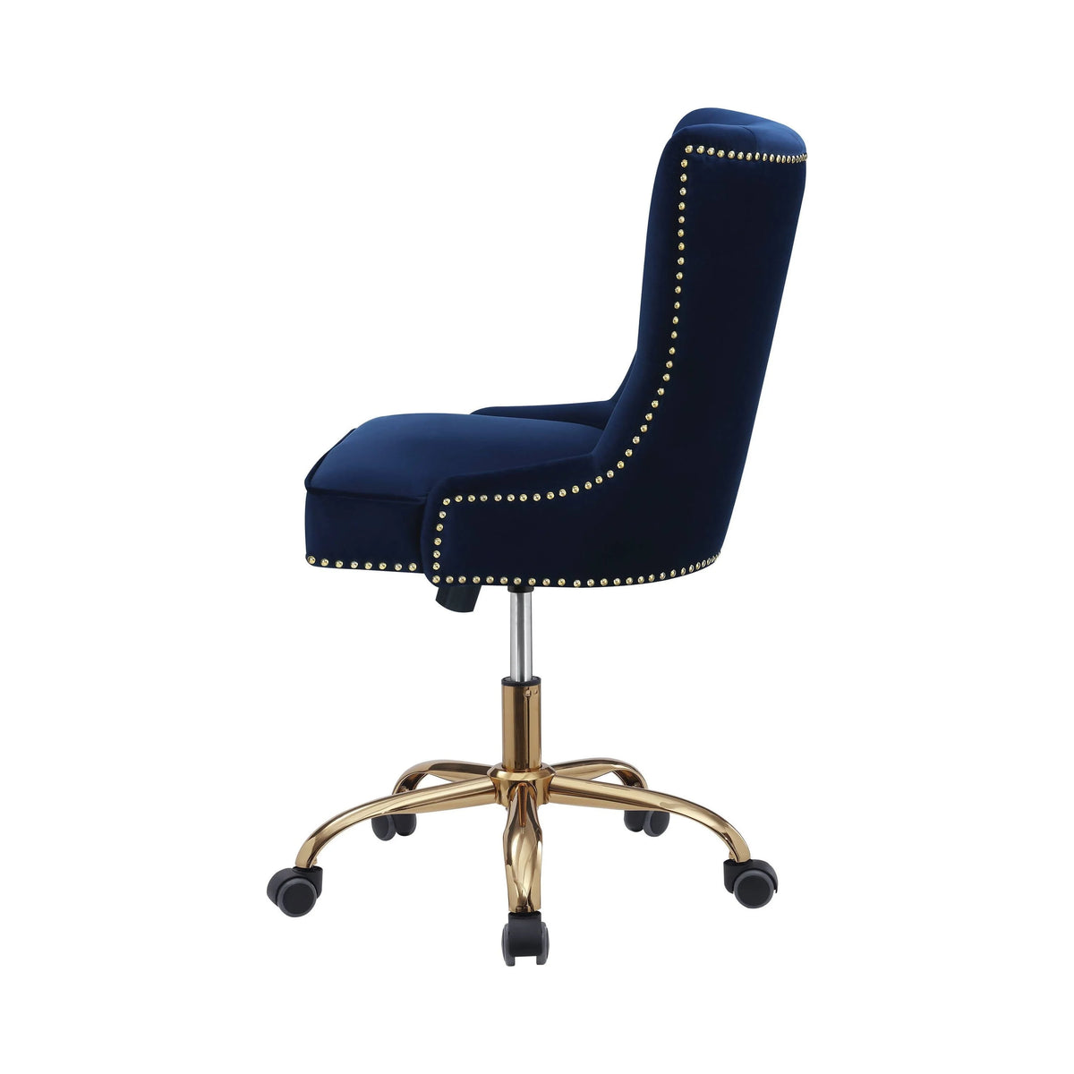 Upholstered Office Chair With Nailhead Blue And Brass this chair is complete with built-in casters and swivel functionality for versatile ease of movement 801984 Pie's Variety Store