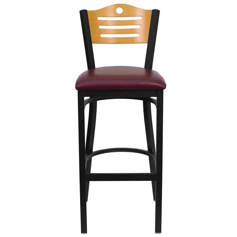 HERCULES Series Black Slat Back Metal Restaurant Barstool - Natural Wood Back