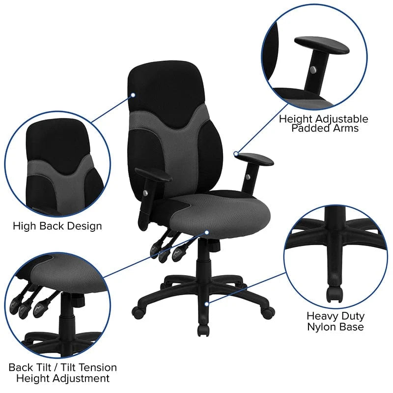 High Back Ergonomic Black and Gray Mesh Swivel Task Office Chair with Adjustable Arms - BT-6001-GYBK-GG A-Z Store Nadia