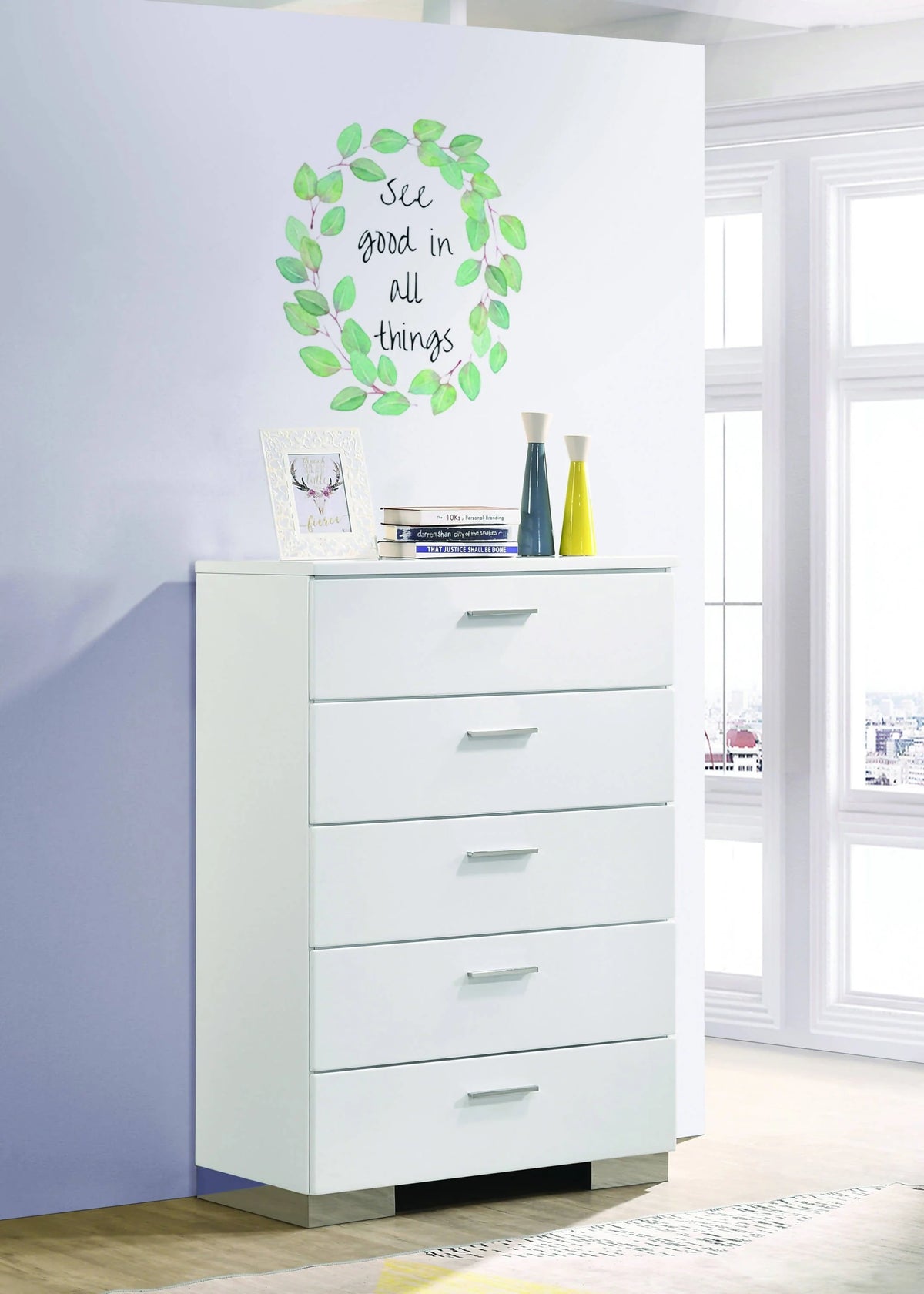 Felicity 5-Drawer Chest Glossy White - 203505 Pie's Variety Store