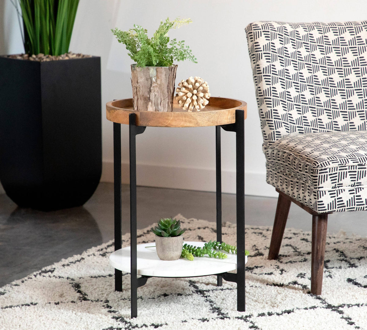 Round Accent Table With Marble Shelf Natural And Black - 931218 Pie's Variety Store