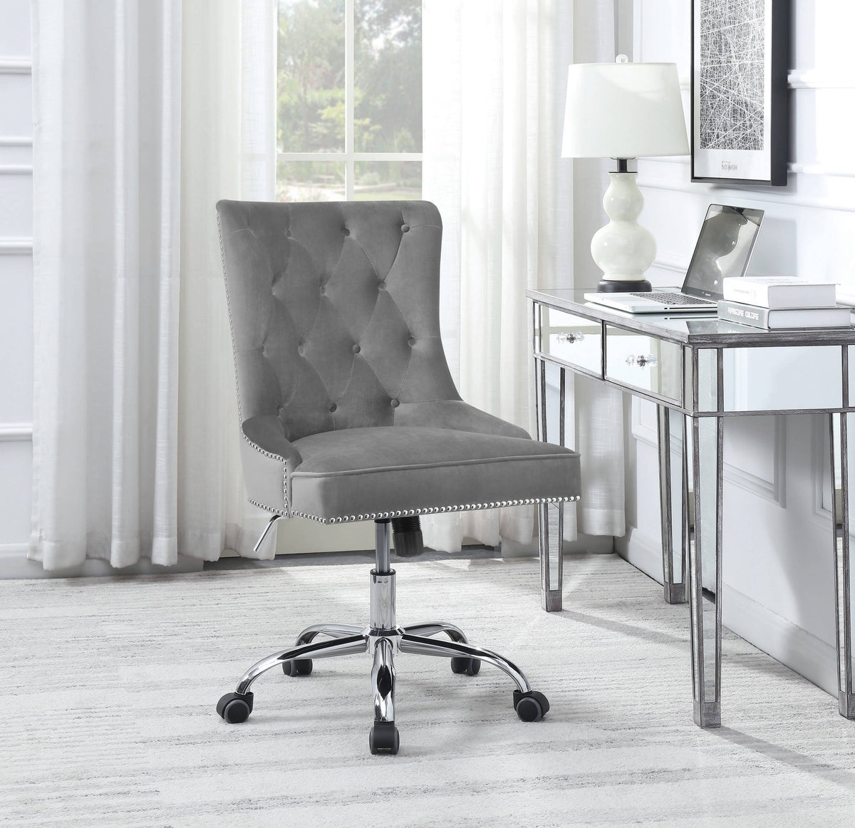 Upholstered Office Chair With Nailhead Blue And Brass this chair is complete with built-in casters and swivel functionality for versatile ease of movement 801984 Pie's Variety Store
