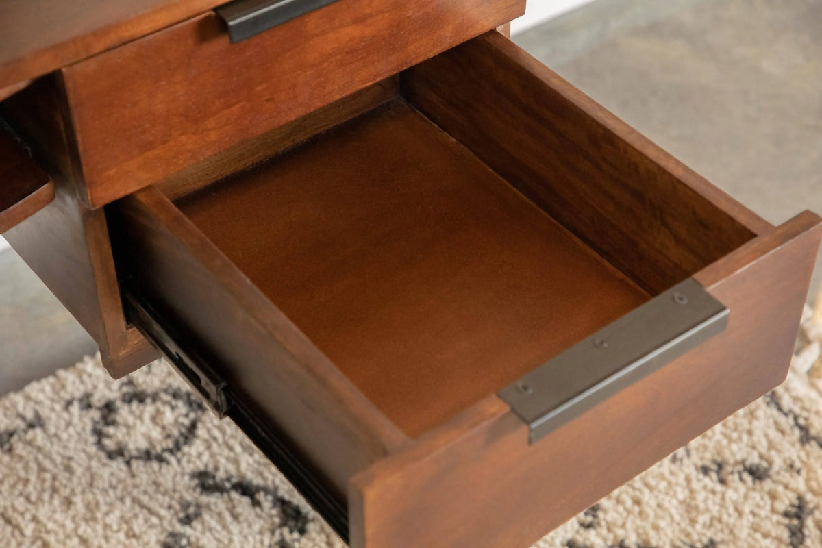 Portwall 4-Drawer Writing Desk Brown Mango And Matte Black An expansive tabletop brings plenty of room for a laptop and notebook - 991038 Pie's Variety Store