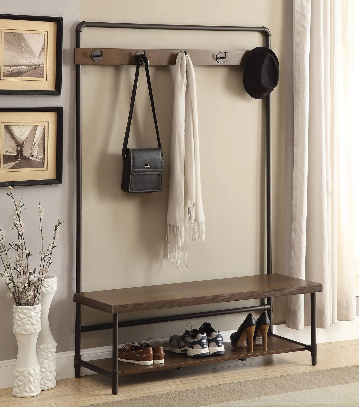Hall Tree With 5 Coat Hooks Chestnut And Dark Bronze - 902921 Pie's Variety Store
