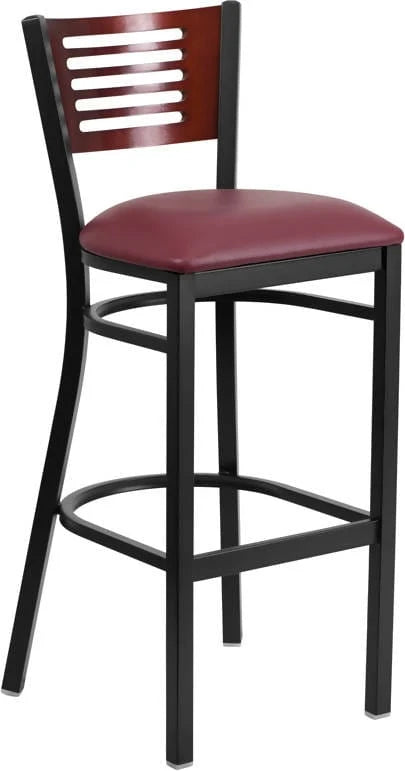 HERCULES Series Black Slat Back Metal Restaurant Barstool - Mahogany Wood Back