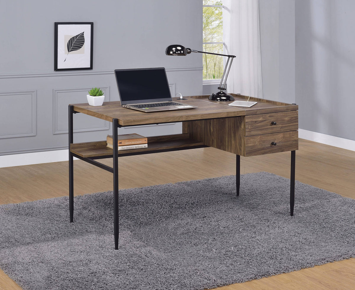 Lawtey 2-Drawer Writing Desk With Outlet Aged Walnut -this wooden desk has all you need for hours of productivity. 804291 coastmega