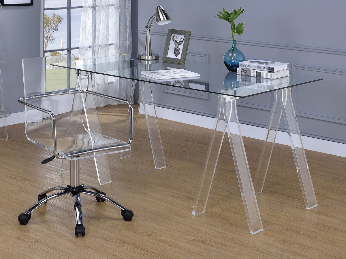 Amaturo Writing Desk With Glass Top Clear Sawhorse design is ideal for designers and architects or writers with a flurry of upcoming deadlines.- 801535 Pie's Variety Store