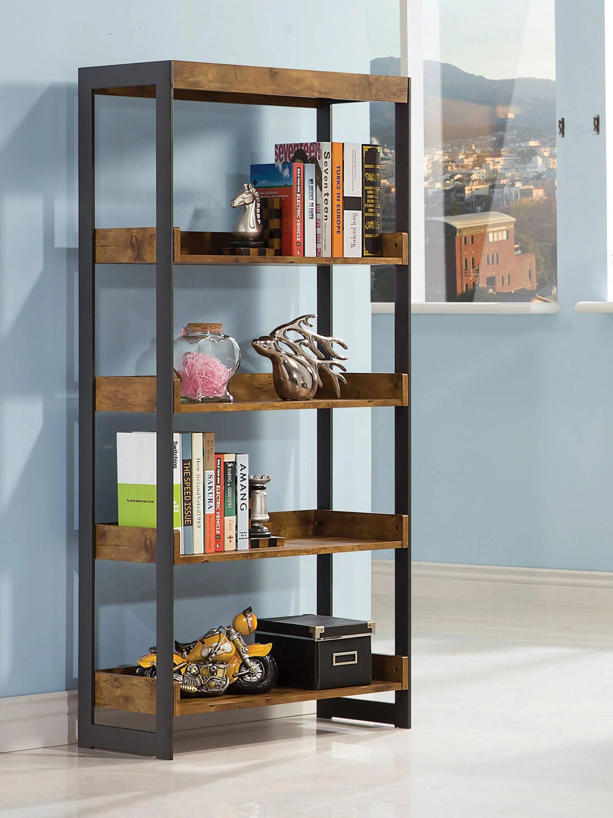 Estrella 4-Shelf Bookcase Antique Nutmeg And Gunmetal - 800657 Pie's Variety Store