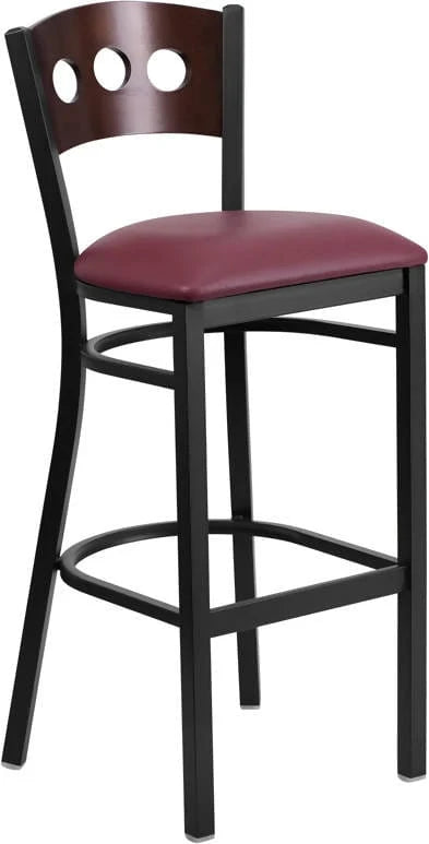 HERCULES Series Black 3 Circle Back Metal Restaurant Barstool - Walnut Wood Back