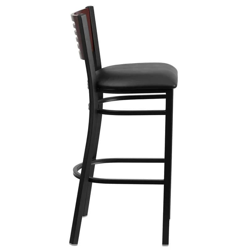 HERCULES Series Black Slat Back Metal Restaurant Barstool - Mahogany Wood Back
