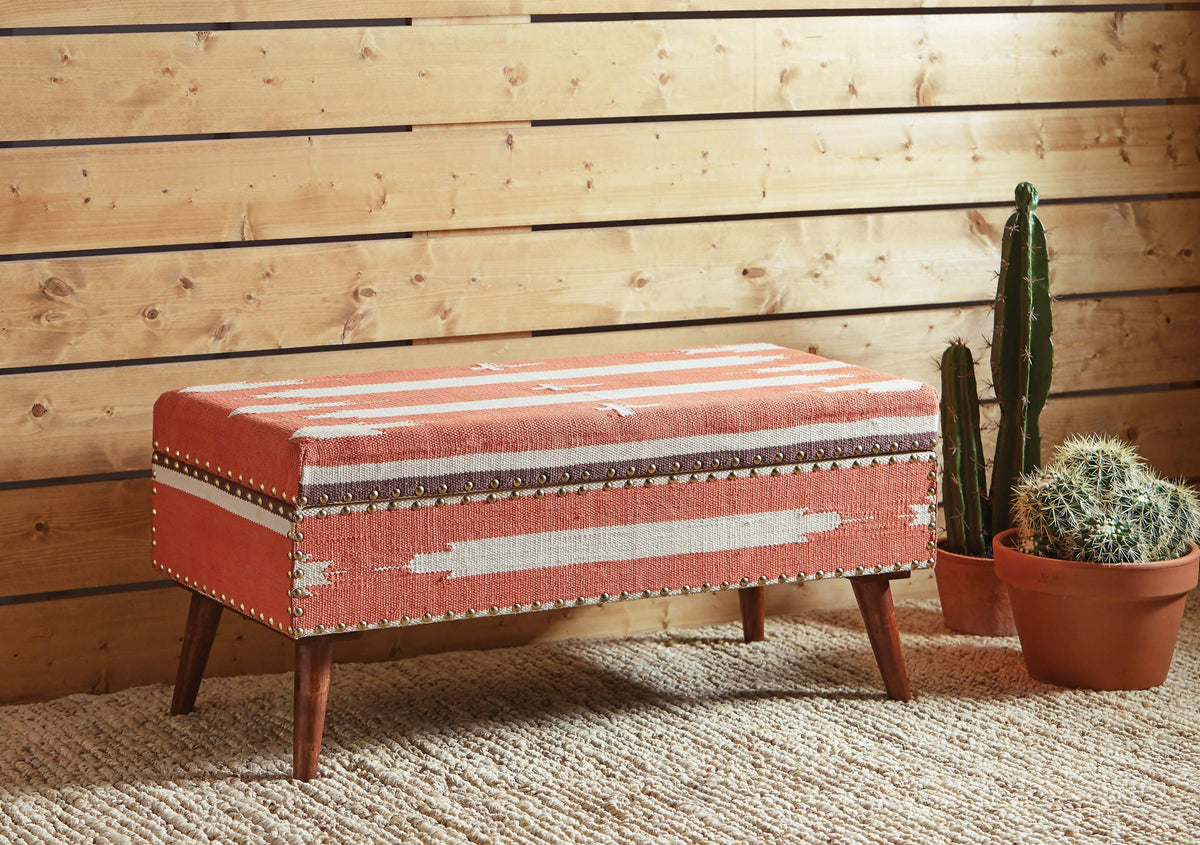 Upholstered Storage Bench Orange And Beige - 918491 Pie's Variety Store