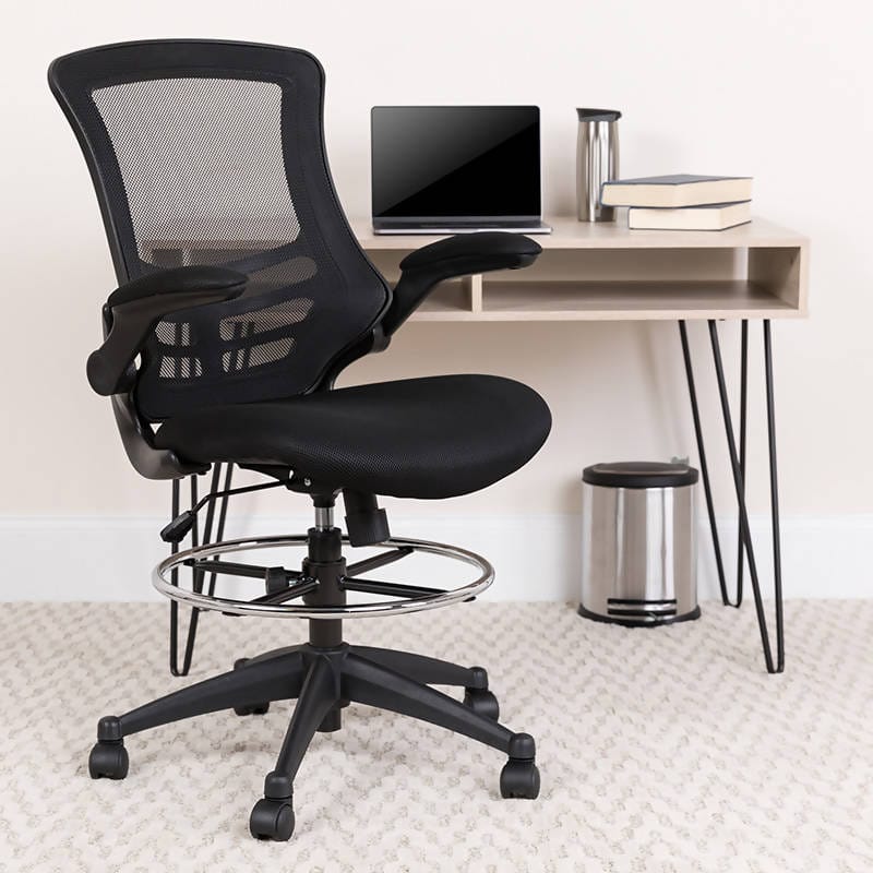 Mid-Back Mesh Ergonomic Drafting Chair with Adjustable Foot Ring and Flip-Up Arms - BL-X-5M-D-BLUE-GG / BL-X-5M-D-DKGY-GG / BL-X-5M-D-GG / BL-X-5M-D-RED-GG / BL-X-5M-D-WH-GG ADRIAN'S ELECTRONICS