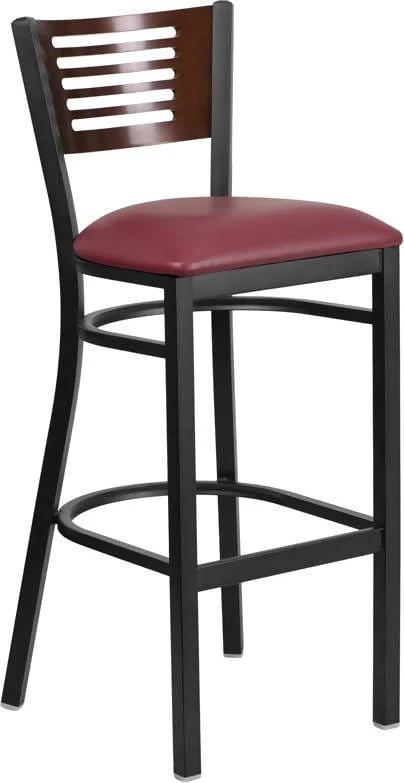 HERCULES Series Black Slat Back Metal Restaurant Barstool - Walnut Wood Back