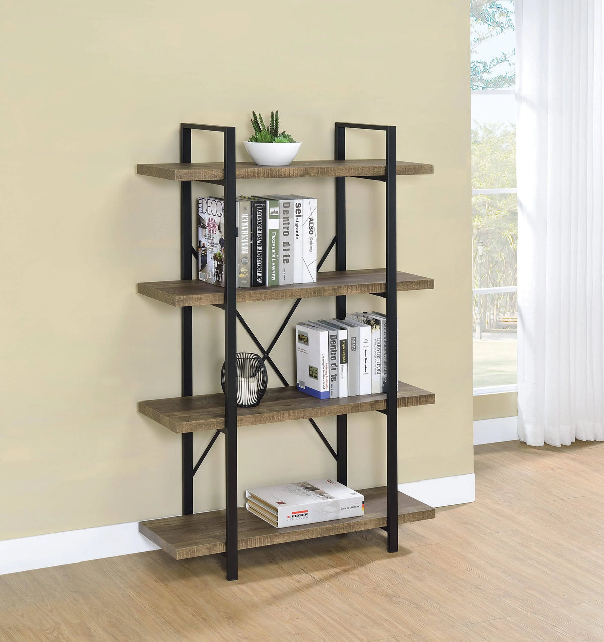 Tolar 4-Tier Open Shelving Bookcase Rustic Oak And Black Celebrate this updated take on rustic industrial style. - 804405 coastmega