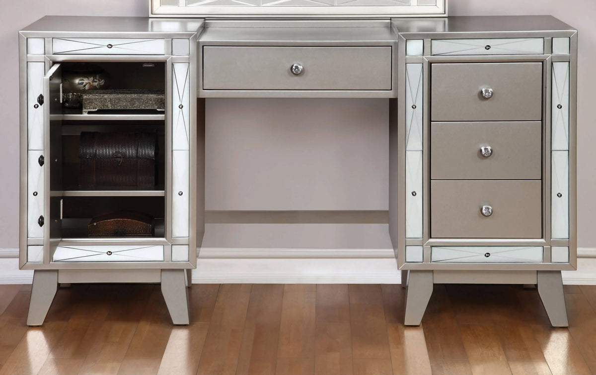 Leighton Vanity Desk And Stool Metallic Mercury Collection: Add Modern Glamour With This Vanity Desk And Stool Set