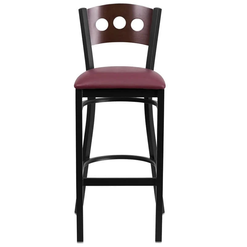 HERCULES Series Black 3 Circle Back Metal Restaurant Barstool - Walnut Wood Back