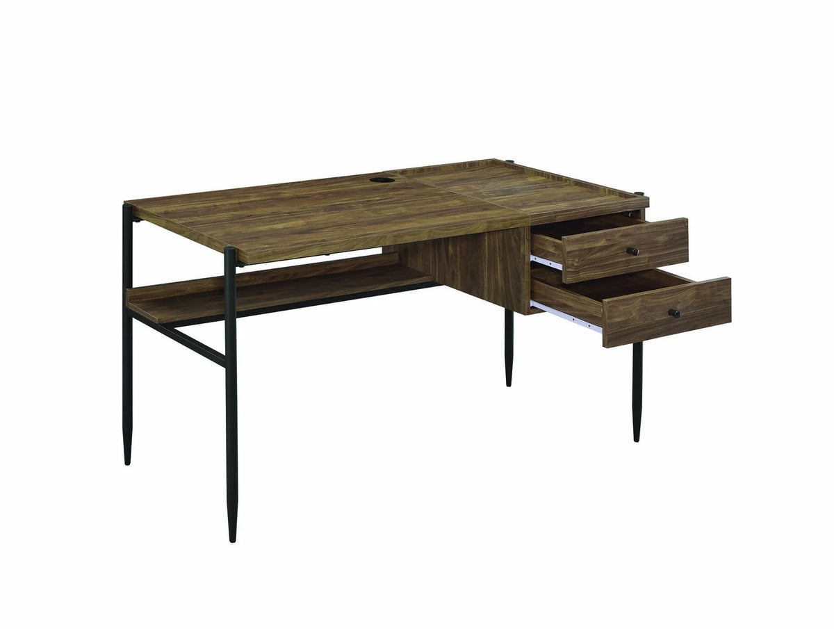 Lawtey 2-Drawer Writing Desk With Outlet Aged Walnut -this wooden desk has all you need for hours of productivity. 804291 coastmega