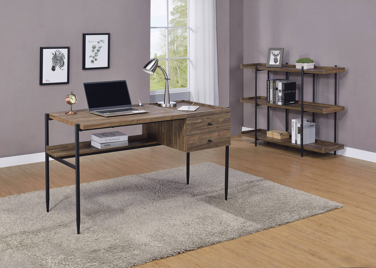 Lawtey 2-Drawer Writing Desk With Outlet Aged Walnut -this wooden desk has all you need for hours of productivity. 804291 coastmega
