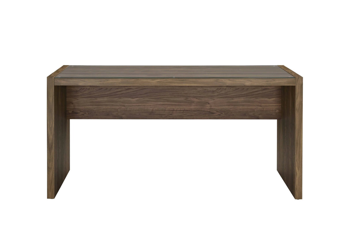 Luetta 59-Inch Rectangular Writing Desk Aged Walnut simplistic rectangular tabletop is crated with tempered glass- 805622 Pie's Variety Store