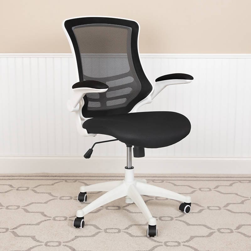 Mid-Back Mesh Swivel Ergonomic Task Office Chair with White Frame and Flip-Up Arms - BL-X-5M-WH-BK-GG / BL-X-5M-WH-BLUE-GG / BL-X-5M-WH-GY-GG / BL-X-5M-WH-TAN-GG / BL-X-5M-WH-WH-GG ADRIAN'S ELECTRONICS