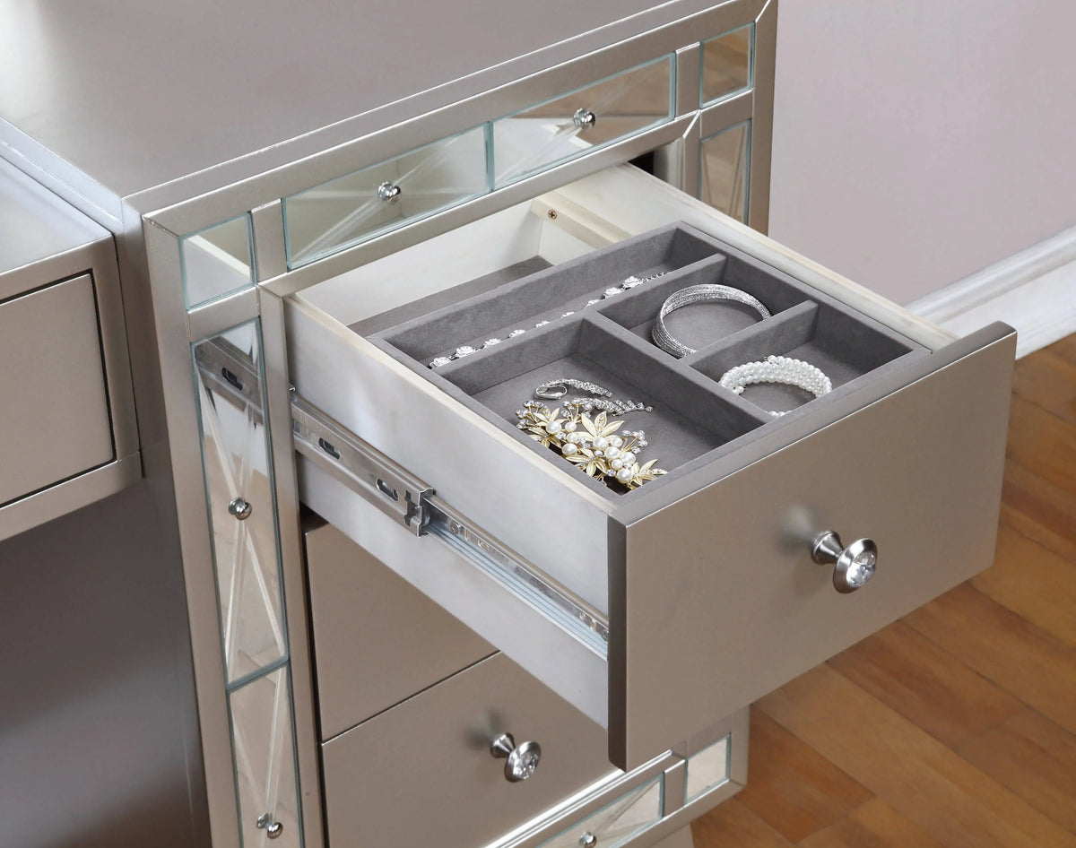 Etched Mirror Panel Along The Sides Of The Stool And Vanity Front Reflect Light Beautifully Throughout A Space. Leighton SKU: 204927 coastmega