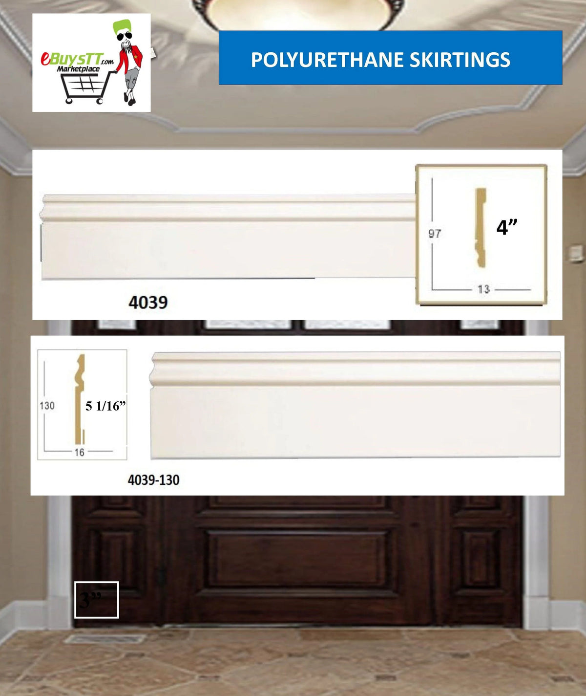 MOULDING Skirtings Base Mouldings Polyurethane 8 FT Length SKIRTING BOARDS