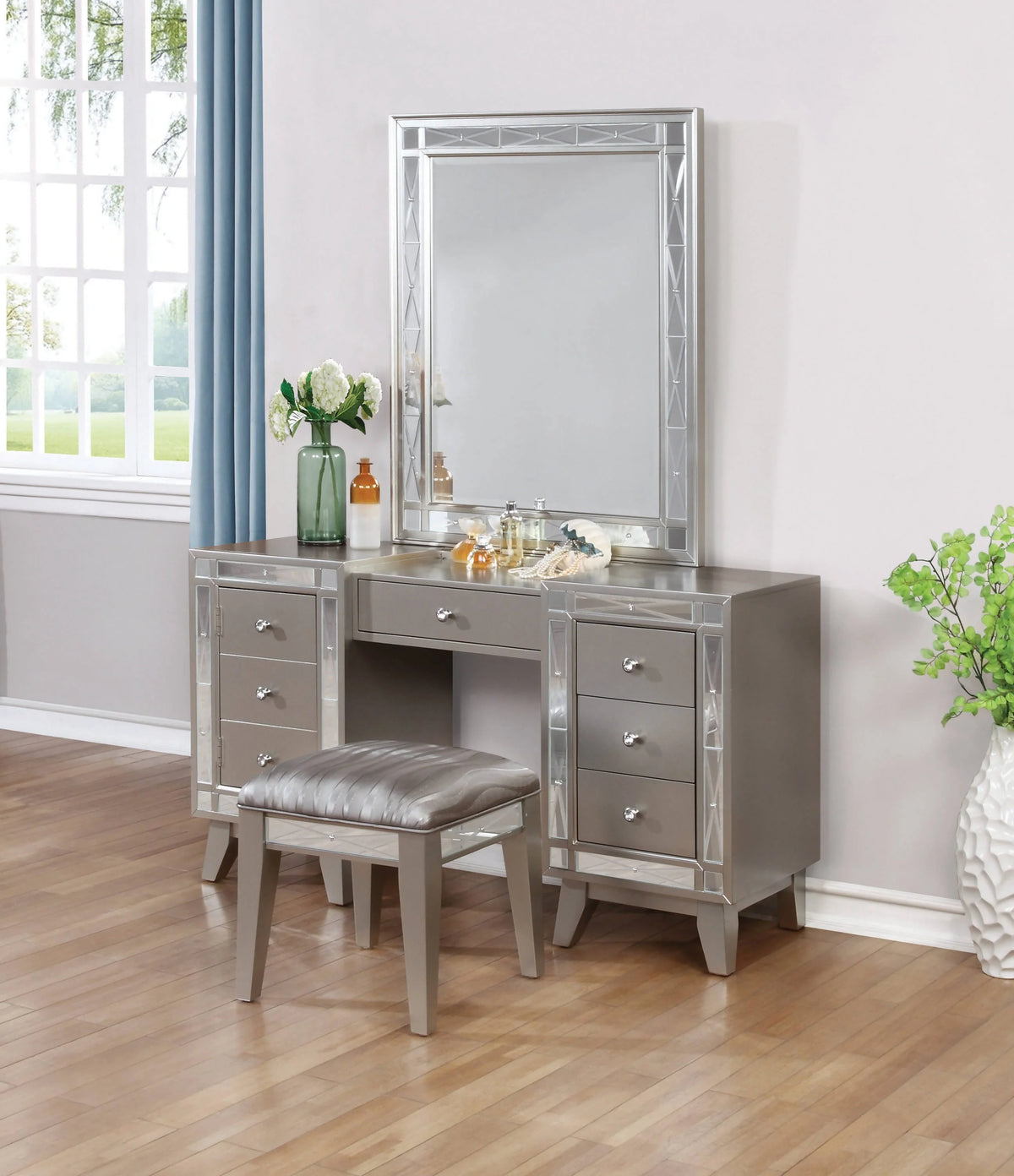 Leighton Vanity Desk And Stool Metallic Mercury Collection: Add Modern Glamour With This Vanity Desk And Stool Set