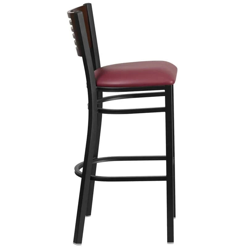HERCULES Series Black Slat Back Metal Restaurant Barstool - Walnut Wood Back
