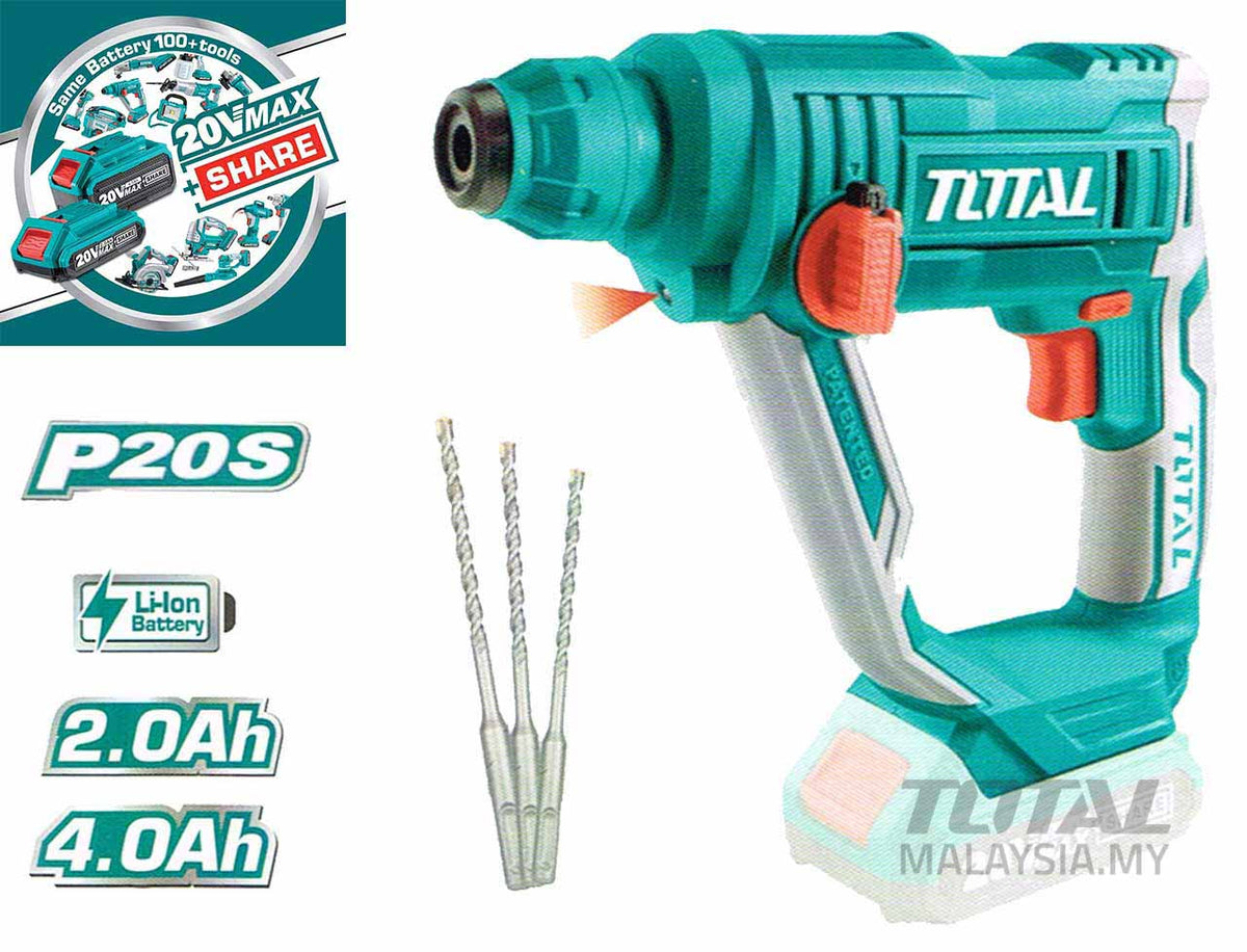 Total 20 Volt 2.0 Ah / 4.0 Ah Lithium Ion SDS-Plus Cordless Handheld Rotary Hammer Drill - Hammers through the toughest materials like concrete and masonry - TRHLI1601 MEGA