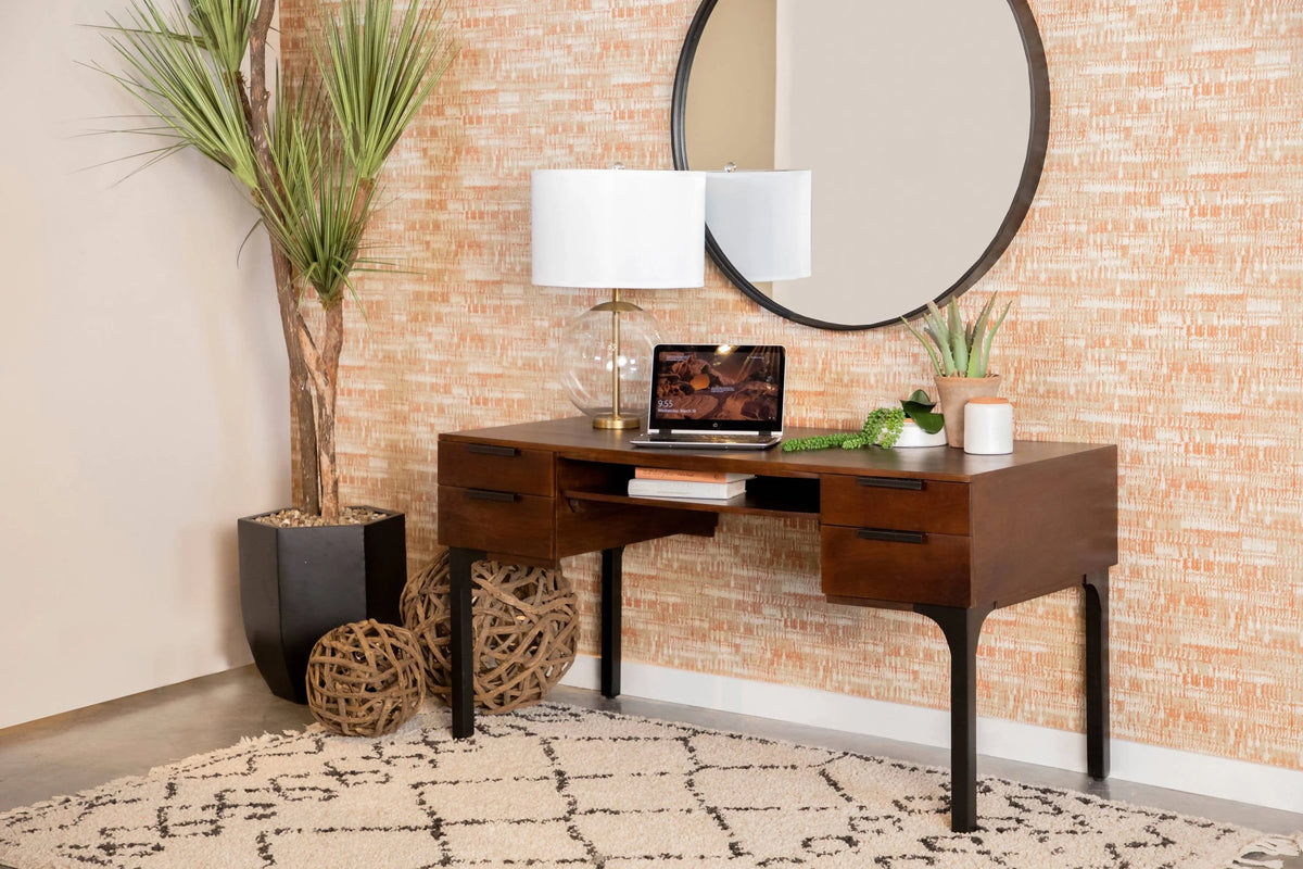 Portwall 4-Drawer Writing Desk Brown Mango And Matte Black An expansive tabletop brings plenty of room for a laptop and notebook - 991038 Pie's Variety Store