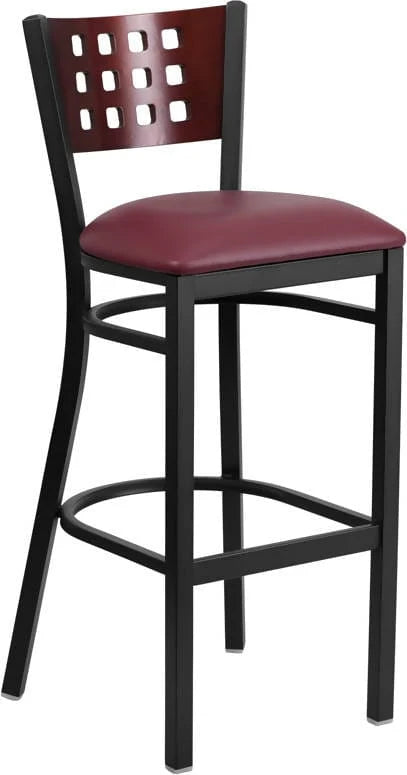 HERCULES Series Black Cutout Back Metal Restaurant Barstool - Mahogany Wood Back