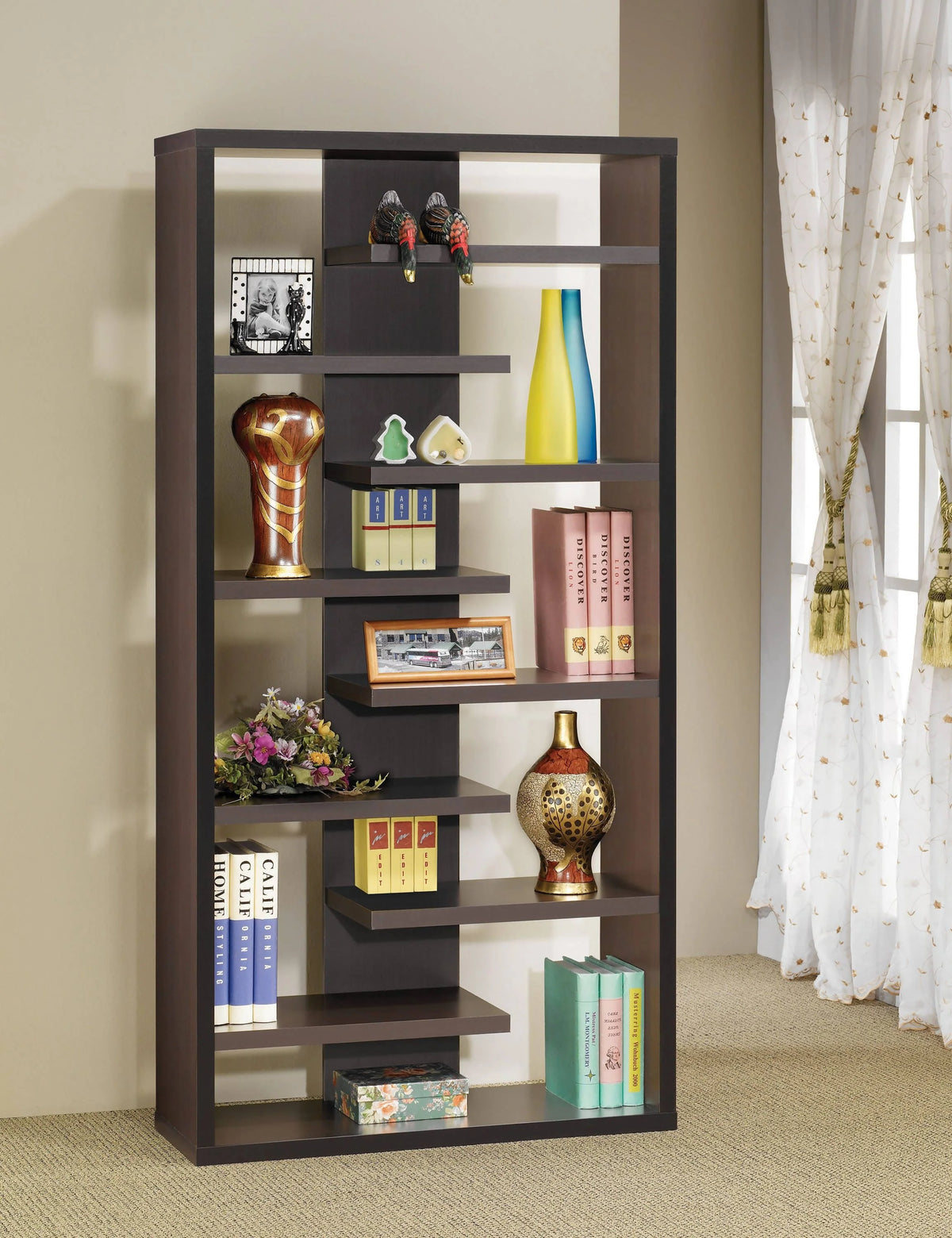 Bookcase With Staggered Floating Shelves Cappuccino - 800265 Pie's Variety Store