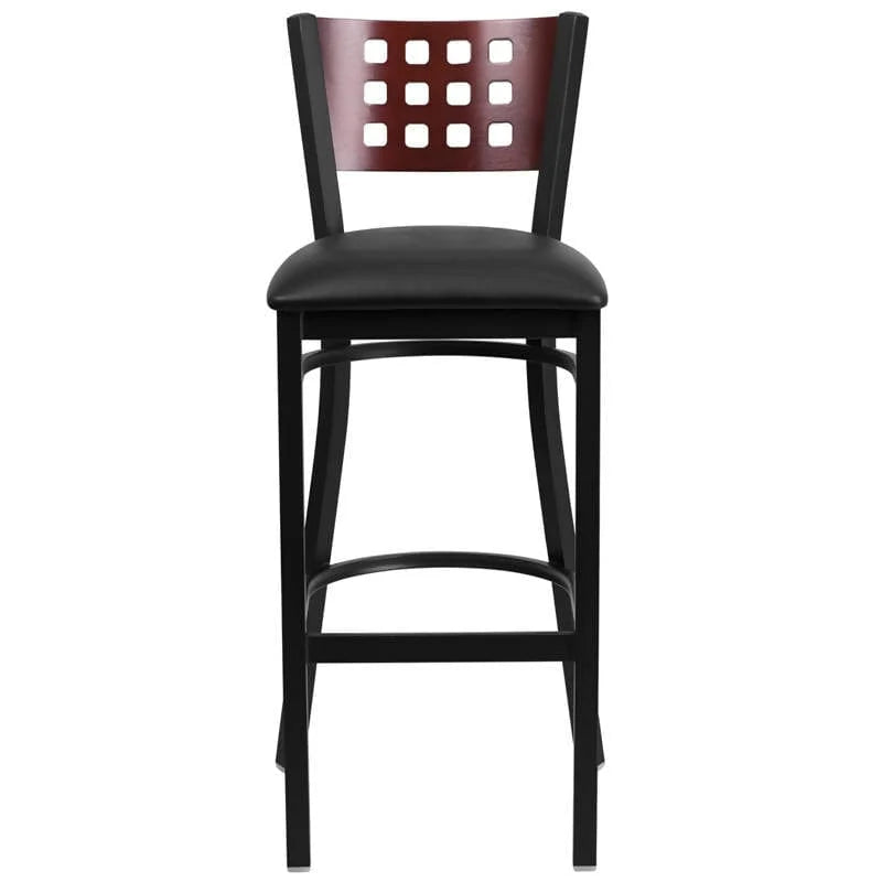 HERCULES Series Black Cutout Back Metal Restaurant Barstool - Mahogany Wood Back